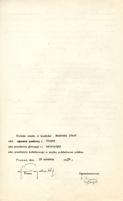 Dyplom Nauczycielski J&oacute;zefa Skałeckiego