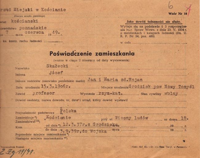 Poświadczenie zamieszkania J&oacute;zefa Skałeckiego