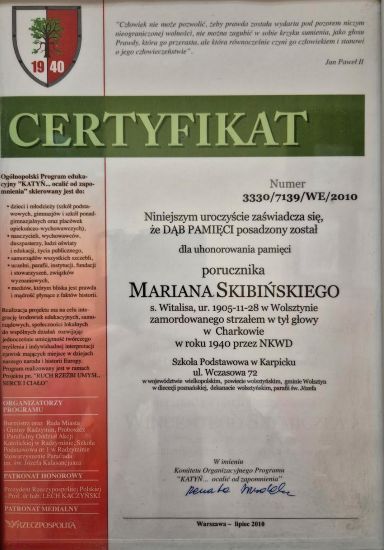 Certyfikat dębu pamięci Mariana Skibińskiego