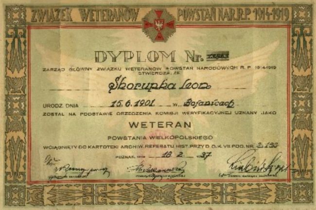 Dyplom potwierdzający udział w Powstaniu Wielkopolskim Leona Skorupki