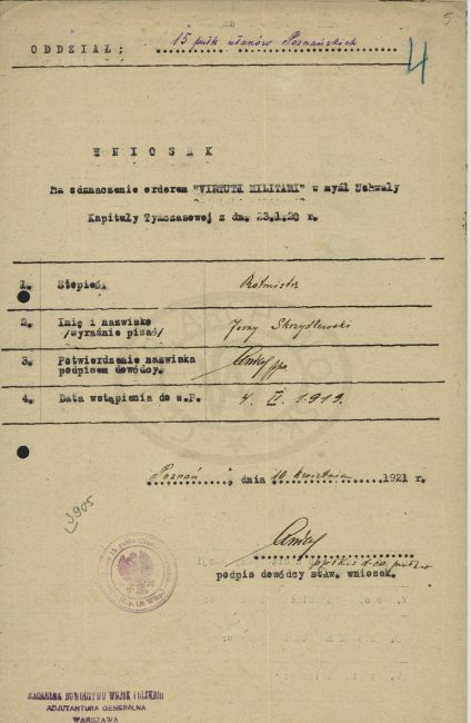 Wniosek o przyznanie odznaczenia Virtuti Militari rotmistrzowi Jerzemu Skrzydlewskiemu