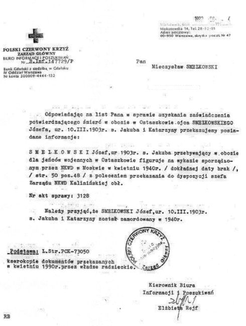 Pismo PCK w sprawie poszukiwań J&oacute;zefa Smelkowskiego