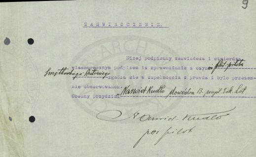 Zaświadczenie czyn&oacute;w Antoniego Smętkowskiego do wniosku Virtuti Militari