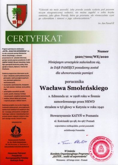 Certyfikat dębu pamięci Wacława Smoleńskiego