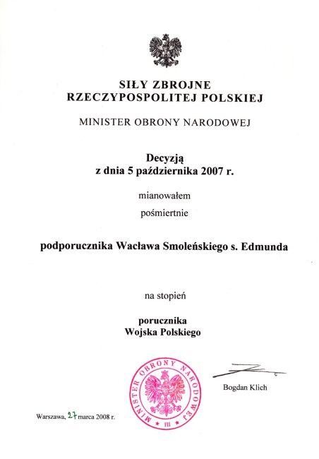 Wacław Smoleński nominacja na stopień porucznika