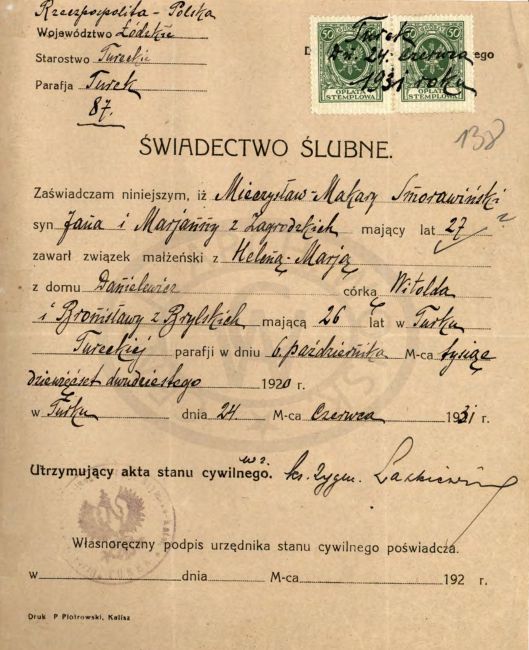 Akt ślubu Mieczysława Smorawińskiego i Heleny Danielewicz