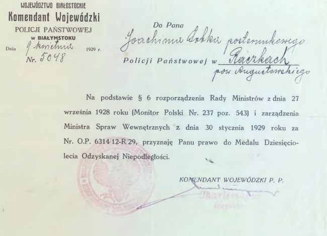 Dyplom 10-lecia Joachima Sobczaka