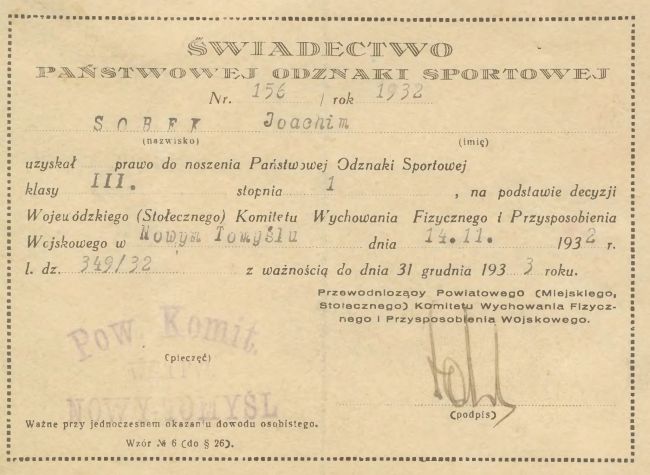 Państwowa Odznaka Sportowa Joachima Sobczaka