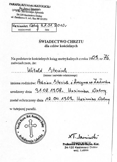 Świadectwo chrztu Witold Steciuk