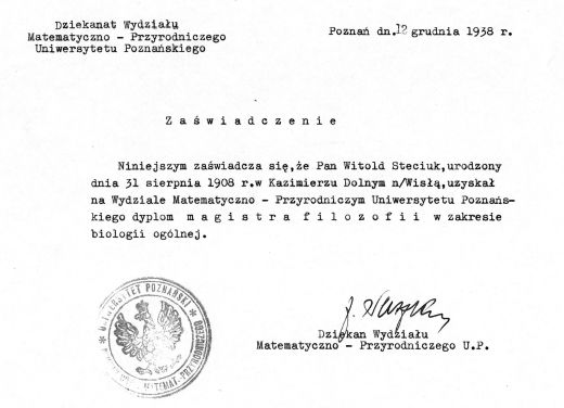 Zaświadczenie dla Witolda Steciuka