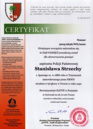 Certyfikat dębu pamięci Stanisława Strzecha