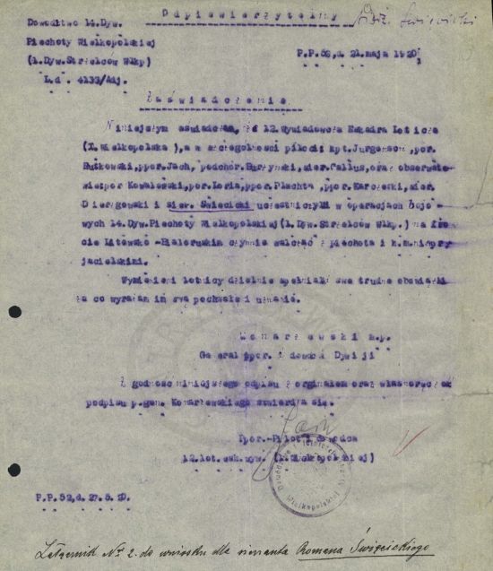 Zaświadczenie do wniosku na order Virtuti Militari Roman Święcicki