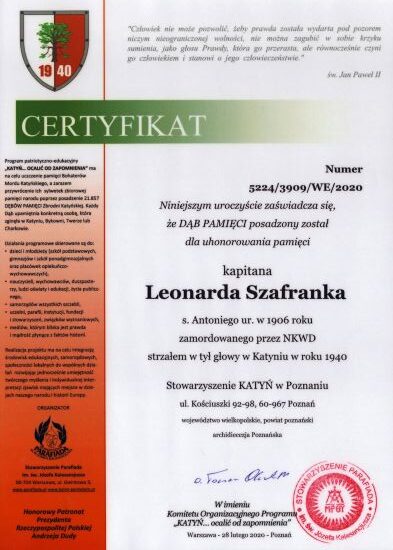 Leonard Szafranek certyfikat dębu pamięci