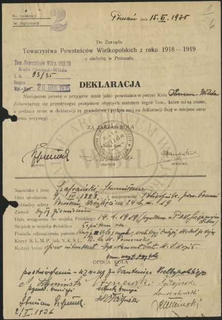Deklaracja przystąpienia do Towarzystwa Powstania Wielkopolskiego Stanisława Szafrańskiego.