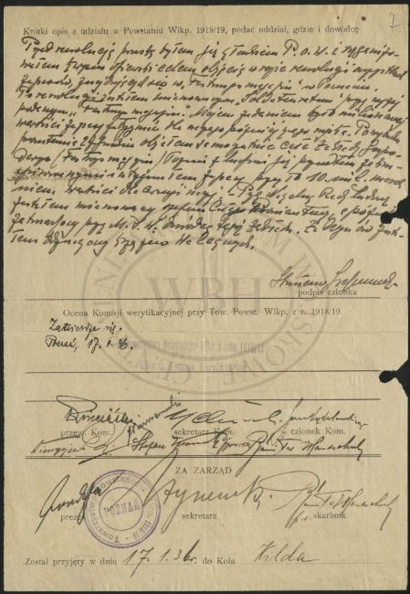 Deklaracja przystąpienia do Towarzystwa Powstania Wielkopolskiego Stanisława Szafrańskiego.