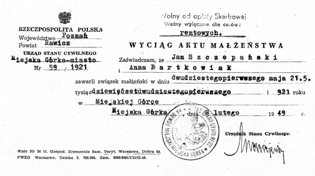 Wyciąg z aktu małżeństwa Jana Szczepańskiego