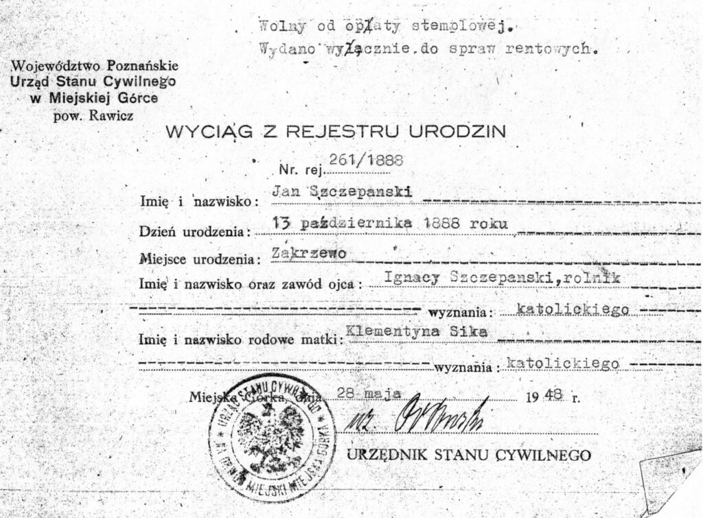 Akt  urodzenia Jana Szczepańskiego