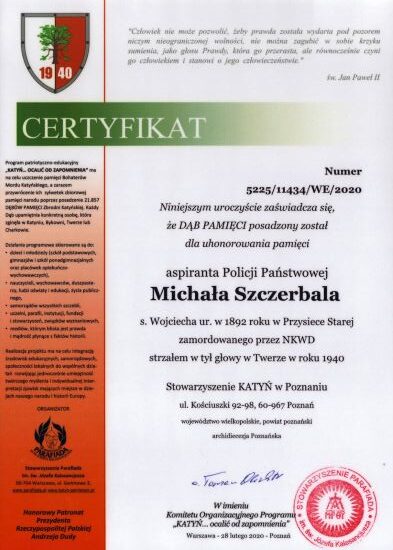 Michał Szczerbal certyfikat dębu pamięci