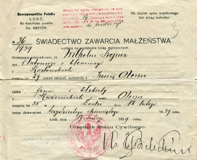 Akt ślubu Wilhelma Szejnera z Ireną