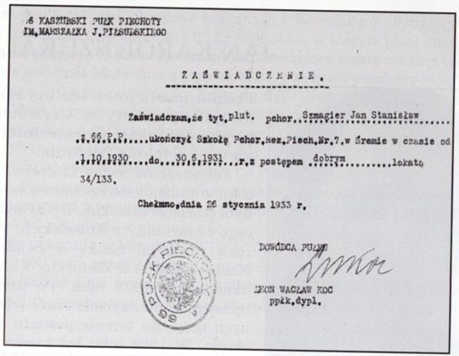 Jan Szmagier zaświadczenie z pułku