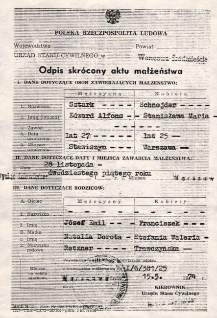 Akt małżeństwa Edwarda Sztarka