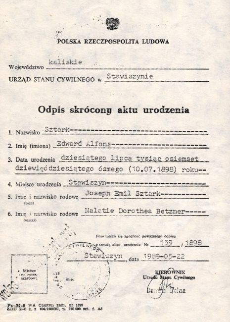 Akt urodzenia Edwarda Sztarka