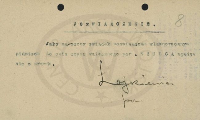Zaświadczenie - dodatek do wniosku Virtuti Militari Floriana Szulca