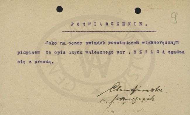 Zaświadczenie - dodatek do wniosku Virtuti Militari Floriana Szulca