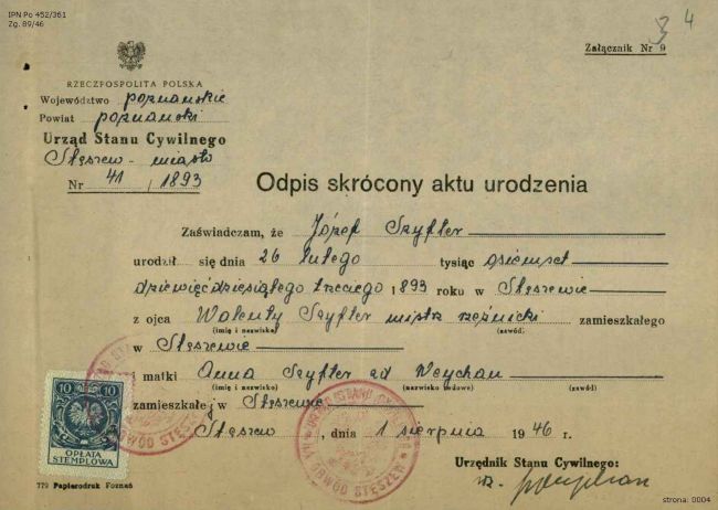 Odpis aktu urodzenia Józefa Szyftera