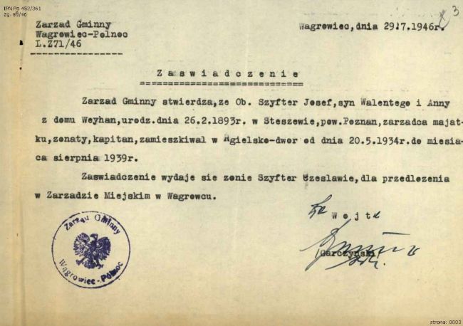 Poświadczenie miejsca zamieszkania Józefa Szyftera