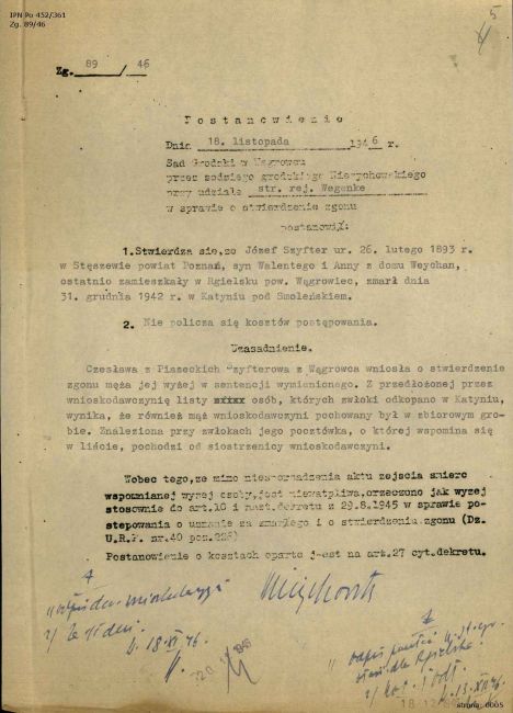 Postanowienie sądu - uznanie Józefa Szyftera za zmarłego.