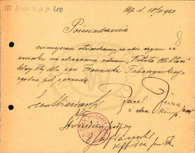 Poświadczenie dołączone do wniosku o odznaczenie Virtuti Militari Franciszka Tabaczyńskiego