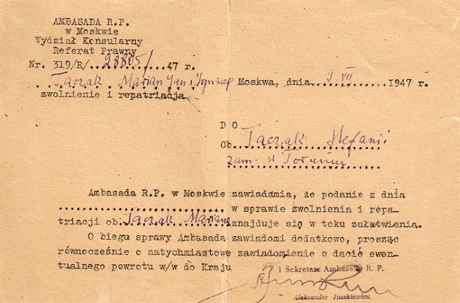 Informacja z Moskwy dotycząca Mariana Taczaka