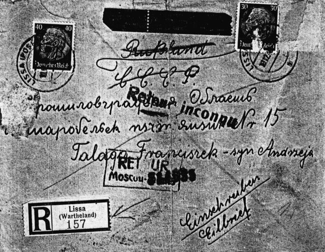 Koperta zwrotna listu do Franciszka Talagi