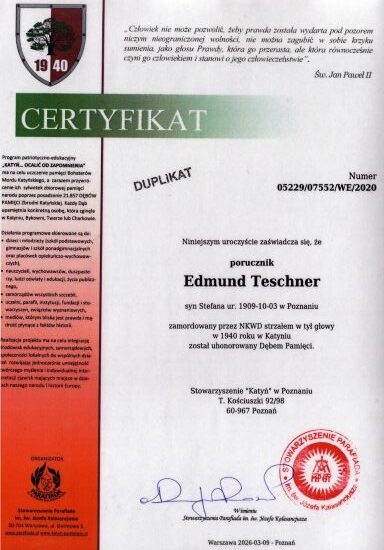 Teschner_Edmund-CertyfikatDebuPamieci Certyfikat dębu pamięci Edmunda Teschnera