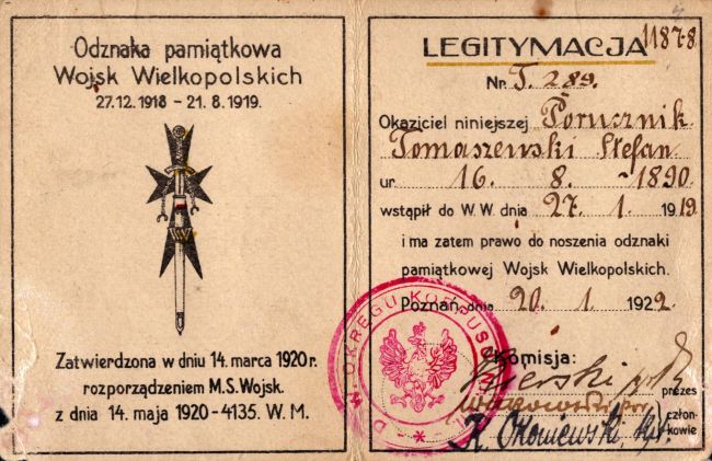 Legitymacja Wojsk Powstańczych Stefan Tomaszewski