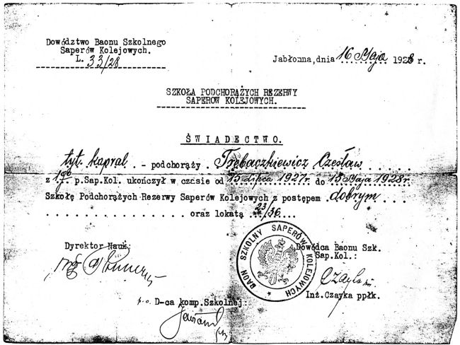 Świadectwo ze szkoły podchorążych rezerwy saper&oacute;w kolejowych Czesława Trębaczkiewicza