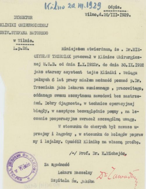 Opinia dotycząca Mieczysław Trzeciaka ze szpitala w Wilnie