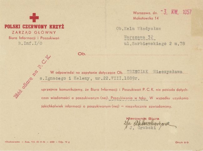 Pismo PCK w sprawie Mieczysława Trzeciaka