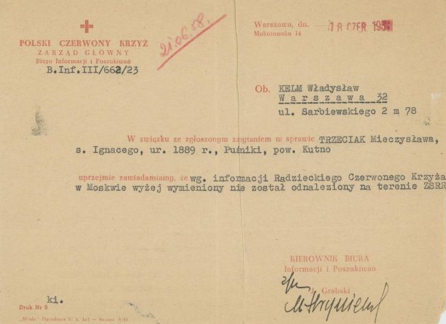 Pismo PCK w sprawie Mieczysława Trzeciaka