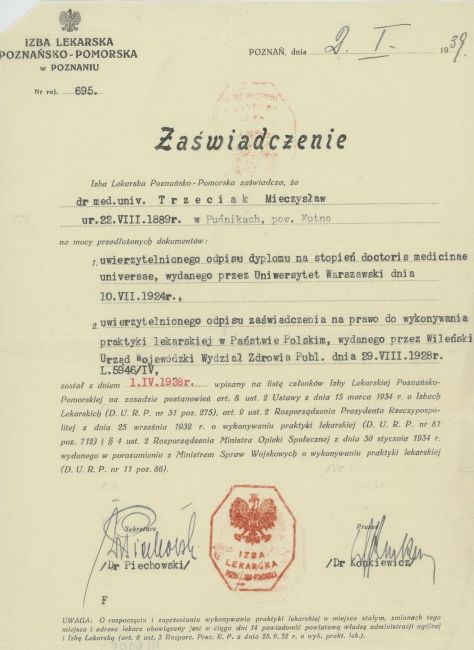 Zaświadczenie Mieczysława Trzeciaka