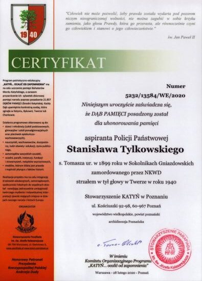 Tylkowski_Stanislaw-CertyfikatDebuPamieci Certyfikat dębu pamięci Stanisława Tylkowskiego