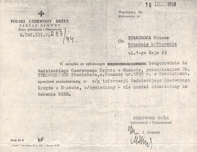 Zaświadczenie z PCK dotyczące Stanisława Tylkowskiego