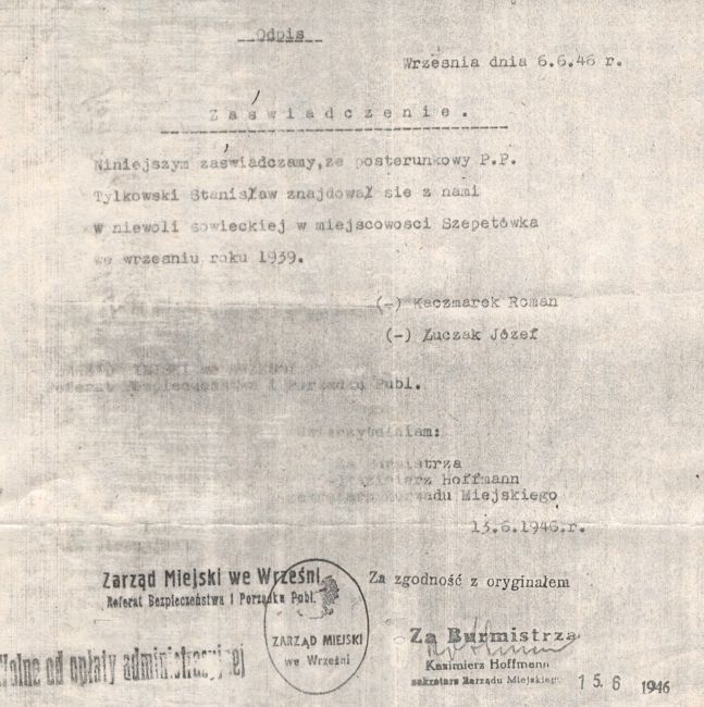 Poświadczenie obecności Stanisława Tylkowskiego w obozie przejściowym w Szepietówce.