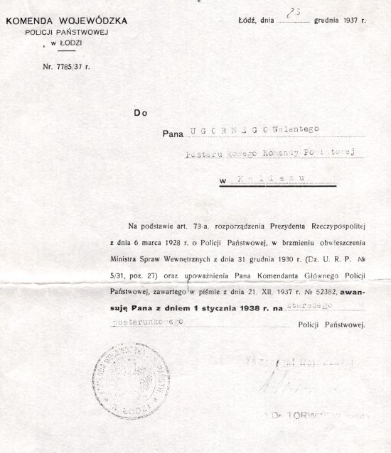 Awans Walentego Ugornego w 1937 roku