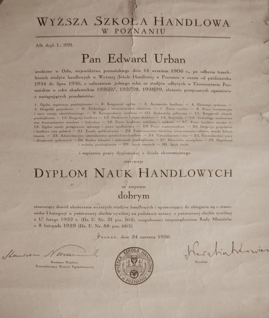 Dyplom Edwarda Urbana z Wyższej Szkoły Handlowej w Poznaniu 1936 rok