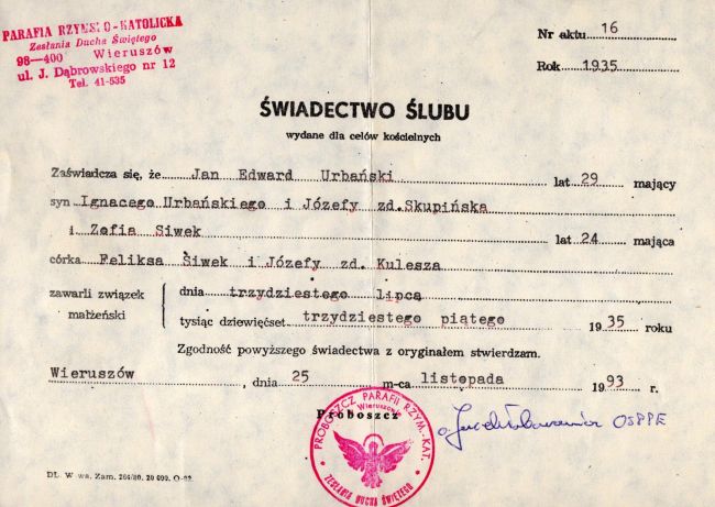 Świadectwo ślubu Jana i Zofii Urbańskich