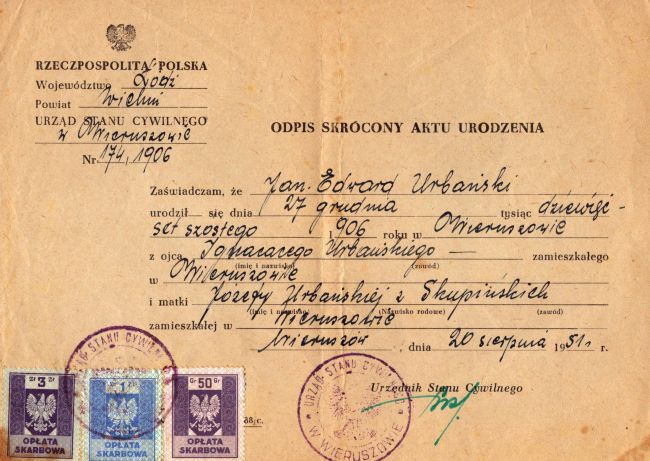Akt urodzenia Jan Edward Urbański