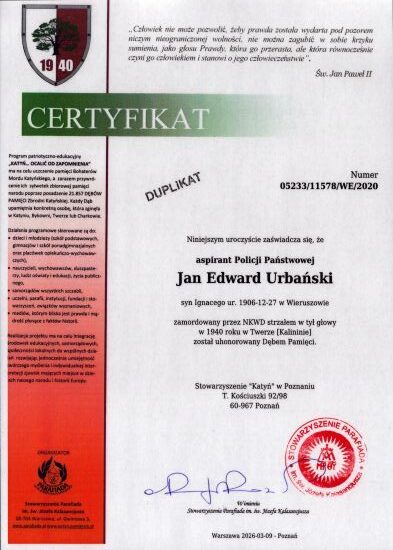 Urbanski_JanEdward-CertyfikatDebuPamieci Certyfikat dębu pamięci Jana Edwarda Urbańskiego