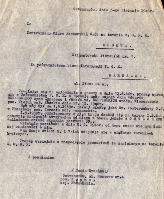 Wniosek Zofii Urbaniak w sprawie męża Jana Edwarda Urbaniaka